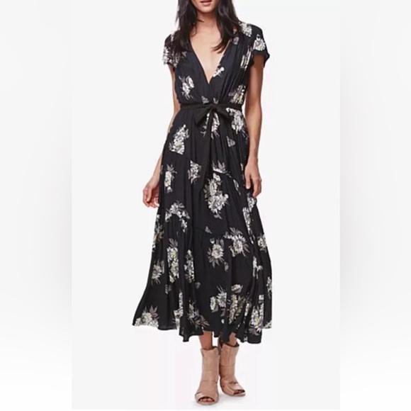 Free People All I Got Midi Maxi Dress Tiered Deep V Floral Boho Sz 0 - Picture 3 of 16